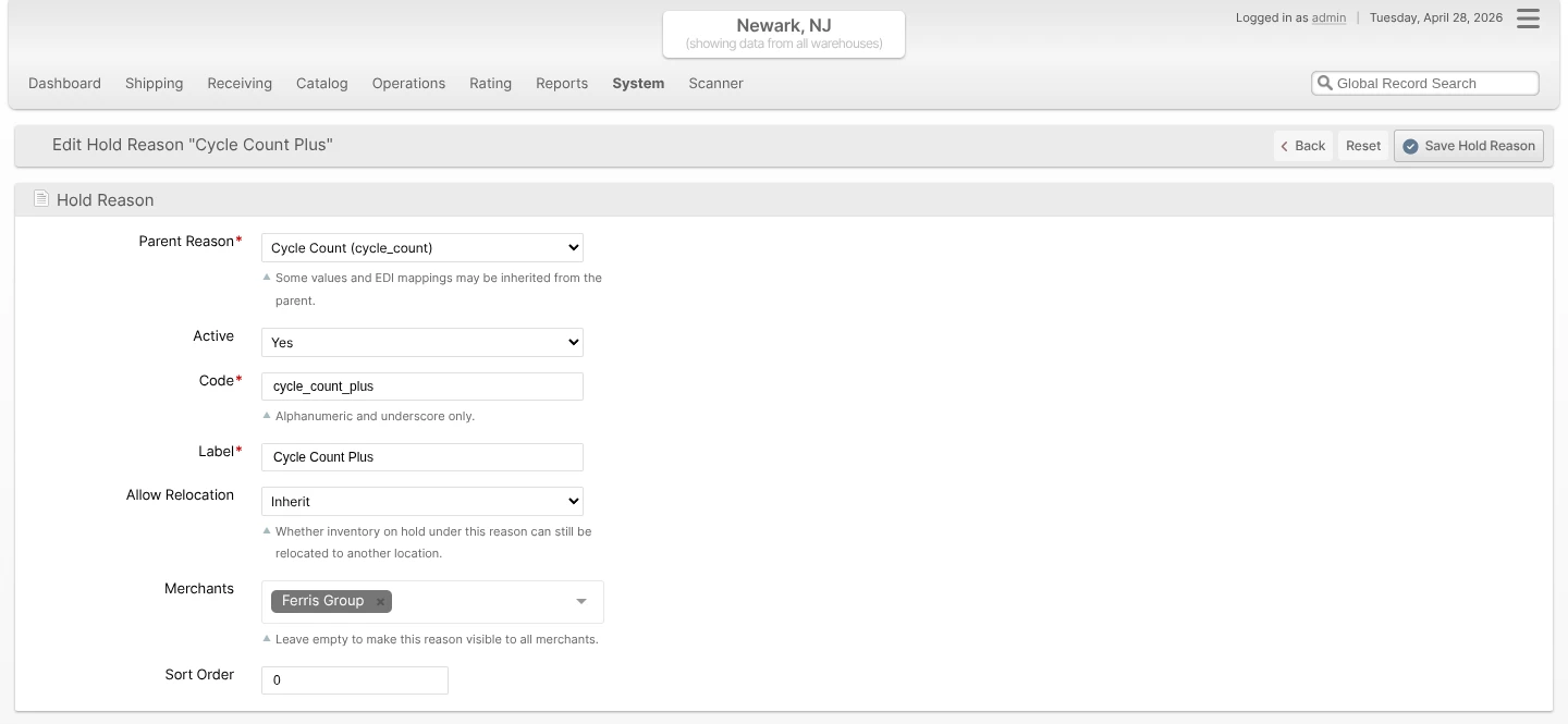Edit form for a user-defined Hold Reason "Cycle Count Plus" with Parent Reason set to Cycle Count, Allow Relocation set to Inherit, and Merchants restricted to Ferris Group