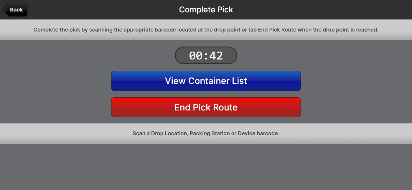 Scanner UI Complete Pick page with stopwatch and prompt to scan a Drop Location, Packing Station, or Device barcode