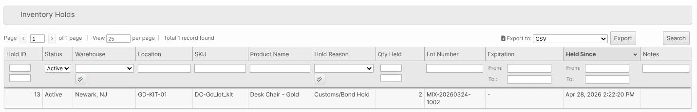 Client Portal Inventory Holds grid at Stock -> Inventory Holds — read-only, no mass-action toolbar, Active default filter, with Hold ID, Status, Warehouse, Location, SKU, Product Name, Hold Reason, Qty Held, Lot Number, Expiration, Held Since, and Notes columns