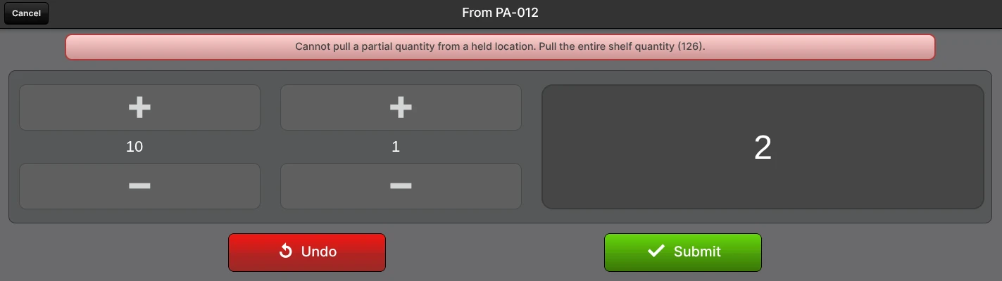 Scanner counter showing the rejection "Cannot pull a partial quantity from a held location. Pull the entire shelf quantity (126)."