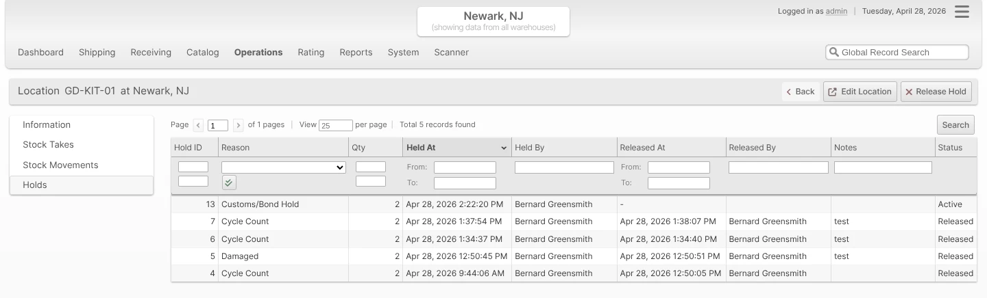 Holds tab on a Location view page listing one Active hold and four prior Released holds with Hold ID, Reason, Qty, Held At, Held By, Released At, Released By, Notes, and Status columns