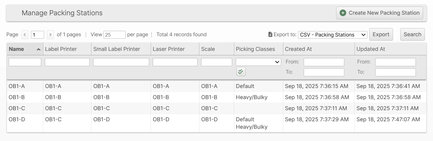 Manage Packing Stations grid listing stations with their barcode, devices, and supported picking classes