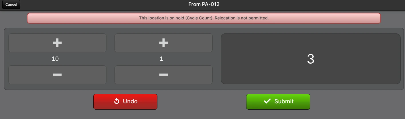 Scanner counter showing the buzzer message "This location is on hold (Cycle Count). Relocation is not permitted." when pulling from a held source whose Hold Reason has Allow Relocation = No