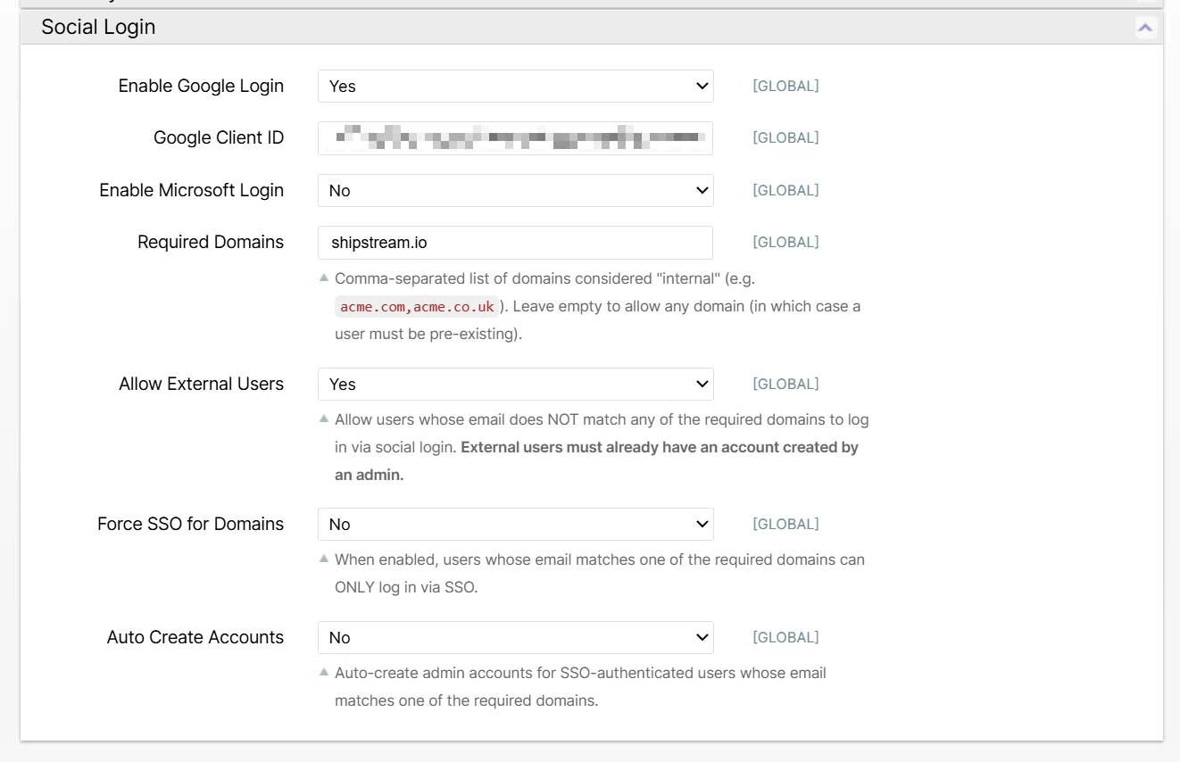 Social Login configuration settings