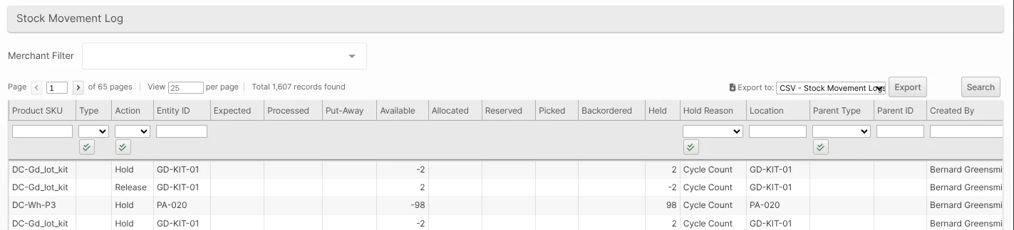 Stock Movement Log grid showing Hold and Release rows with the Held column populated and the Hold Reason column showing "Cycle Count"