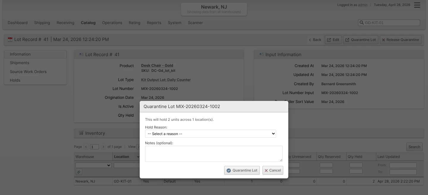 Quarantine Lot modal showing "This will hold 2 units across 1 location(s)" with Hold Reason and Notes fields