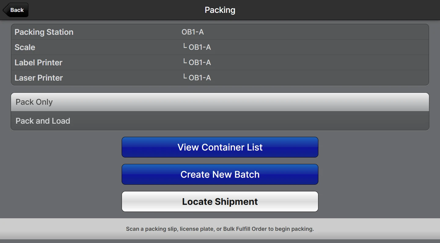 Scanner UI Packing page after a Packing Station scan, showing the station's printers and scale paired automatically