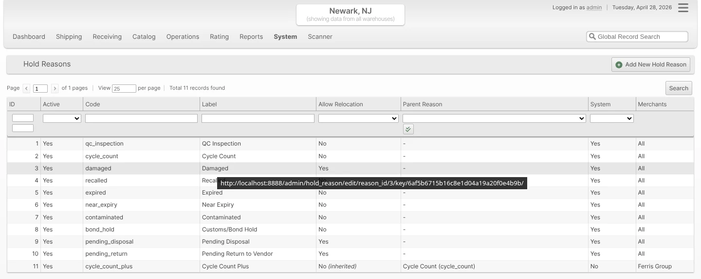 Hold Reasons admin grid showing the 10 seeded system reasons plus a user-defined "Cycle Count Plus" child with inherited Allow Relocation