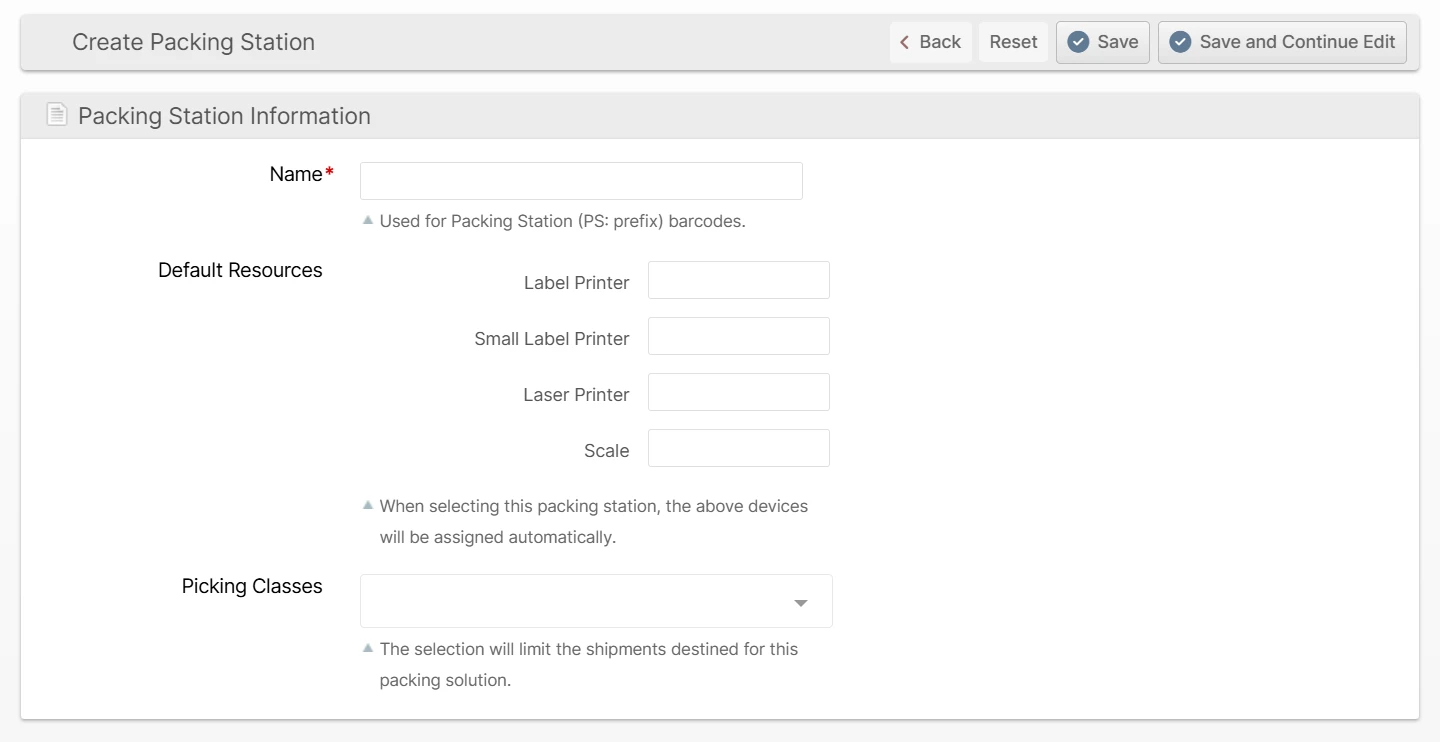 Create Packing Station form showing Name, Label Printer, Small Label Printer, Laser Printer, Scale, and Picking Classes fields