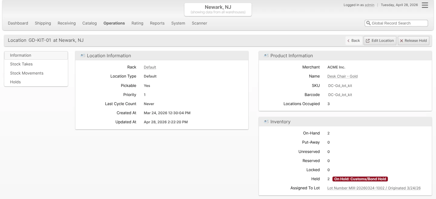 Location view page after a hold is placed, showing the "On Hold: Customs/Bond Hold" badge in the Inventory panel and a Release Hold button in the page header