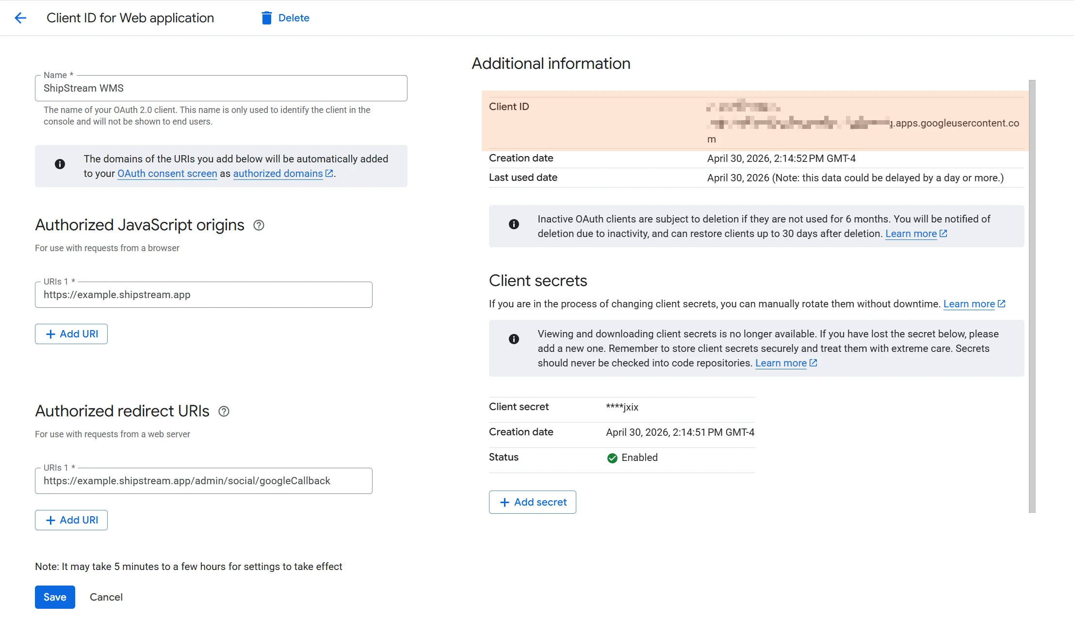 Google OAuth Client ID page