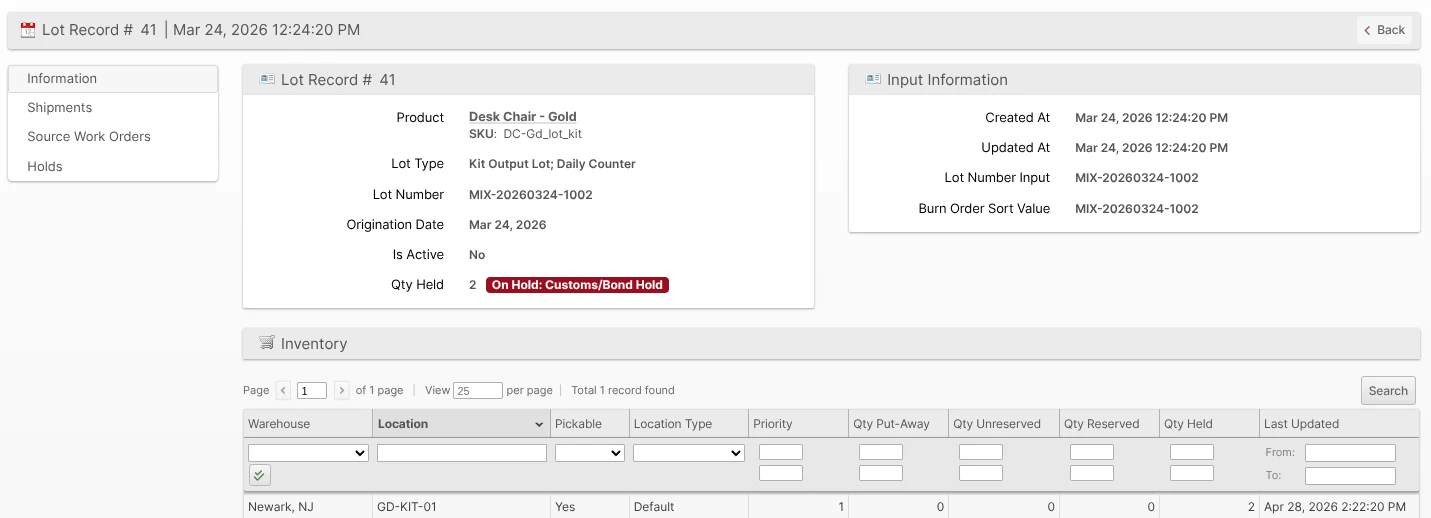 Client Portal Lot view info page showing Qty Held: 2 with the "On Hold: Customs/Bond Hold" badge — no Quarantine or Release buttons since the client view is read-only
