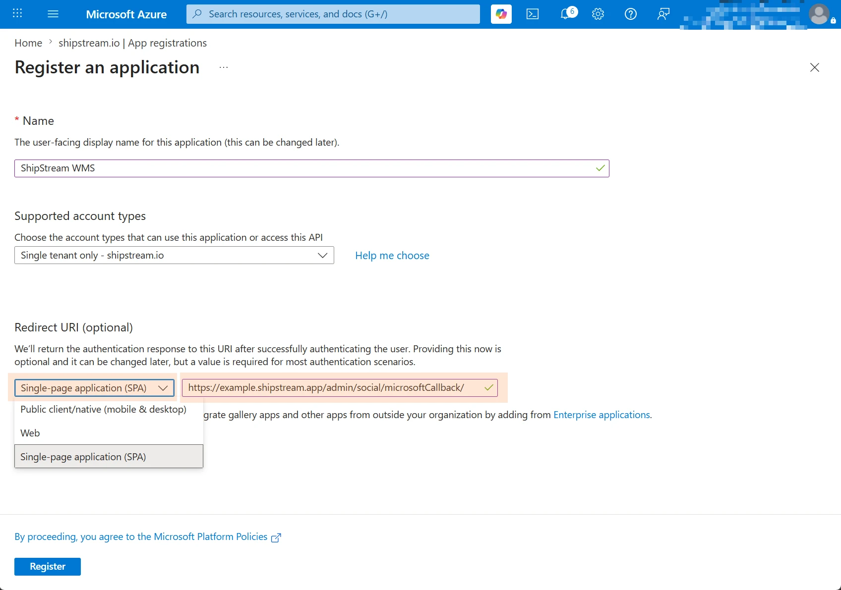 Microsoft Entra app registration page with Single-page application selected
