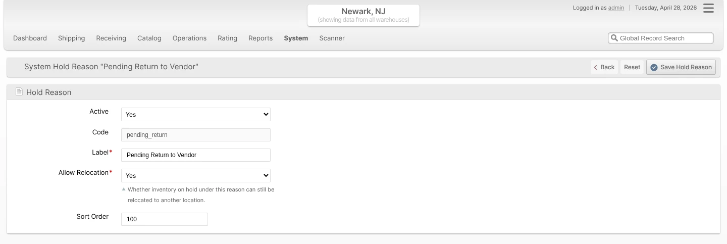 Edit form for the system Hold Reason "Pending Return to Vendor" — Code is read-only, only Active / Label / Allow Relocation / Sort Order are editable