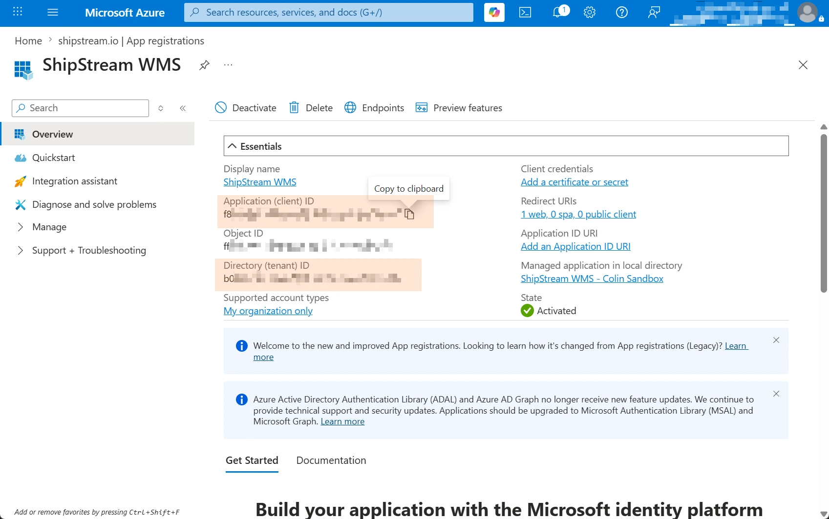 Microsoft Entra application client and tenant IDs