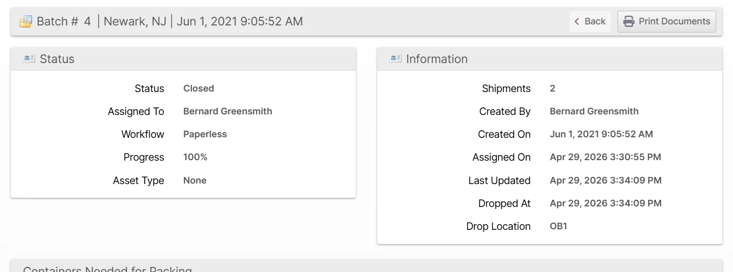 Admin UI Batch page showing Drop Location and Dropped At fields populated for a closed batch