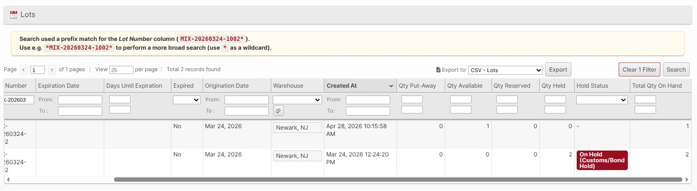 Client Portal Lots grid showing the new Hold Status column with an "On Hold (Customs/Bond Hold)" pill and the Qty Held column
