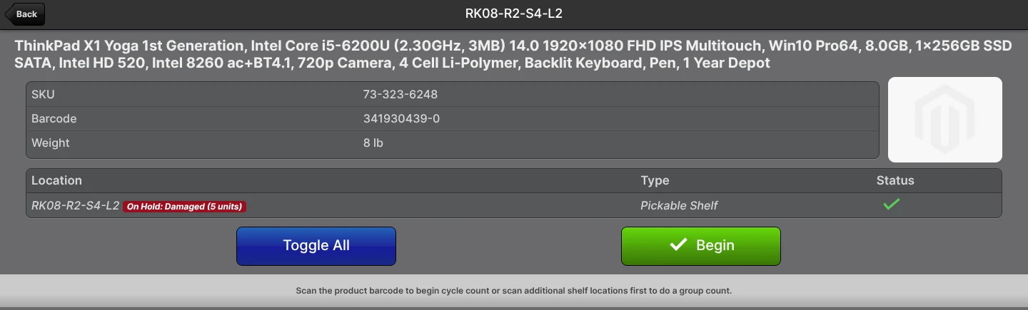 Scanner Cycle Count location list row showing the inline "On Hold: Damaged (5 units)" badge next to the Location name