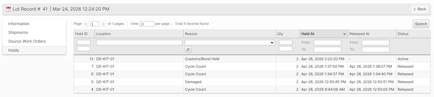 Client Portal Lot view Holds tab listing the Lot's holds with Hold ID, Location, Reason, Qty, Held At, Released At, and Status — Held By and Released By columns are intentionally omitted