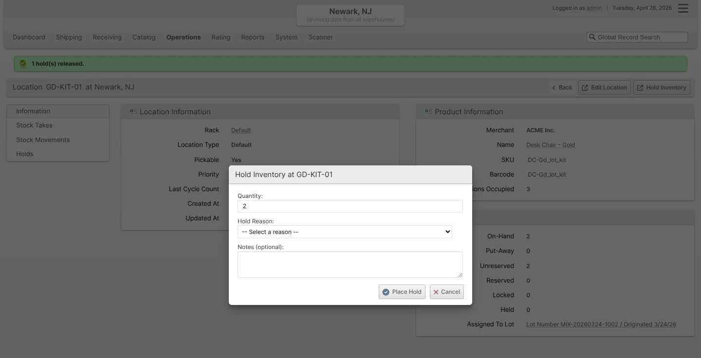 Hold Inventory modal launched from a Location view page with Quantity, Hold Reason, and Notes fields