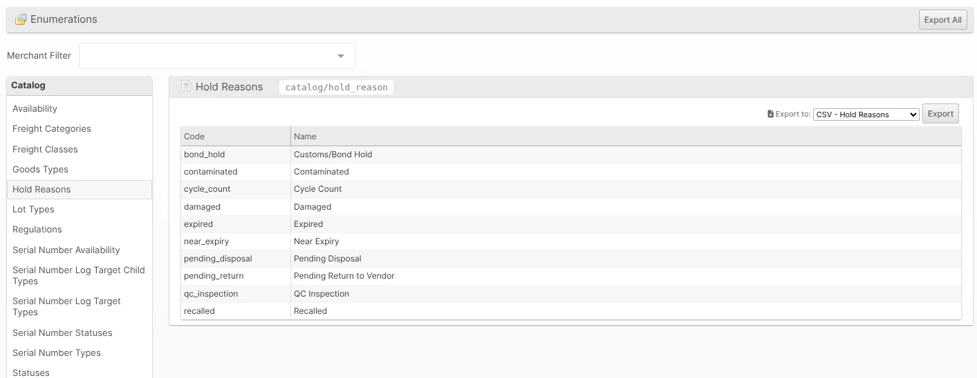 Enumerations admin page with the Catalog > Hold Reasons category (catalog/hold_reason) selected, listing each Hold Reason's Code and Name