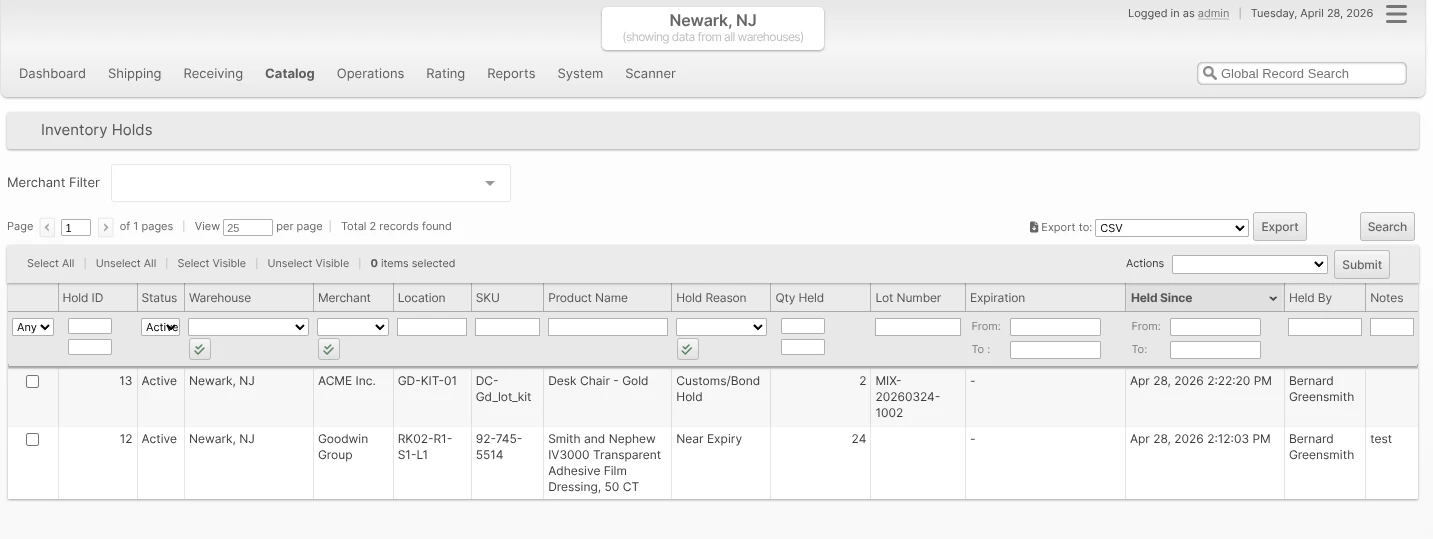 Centralized Inventory Holds grid at Catalog -> Inventory Holds with Merchant Filter, Active default status filter, Export to CSV, and a mass-action menu