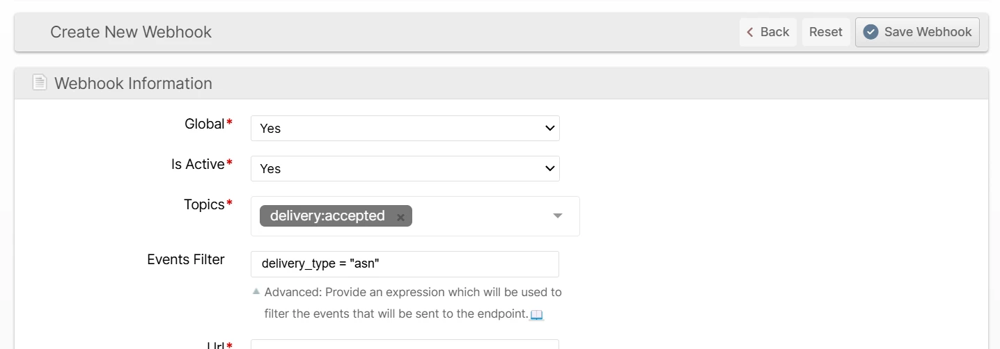 The Events Filter field on the webhook form