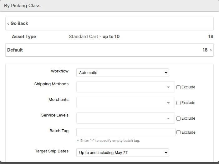 Create Batch dialog listing only the Picking Classes the selected Asset Type may pick