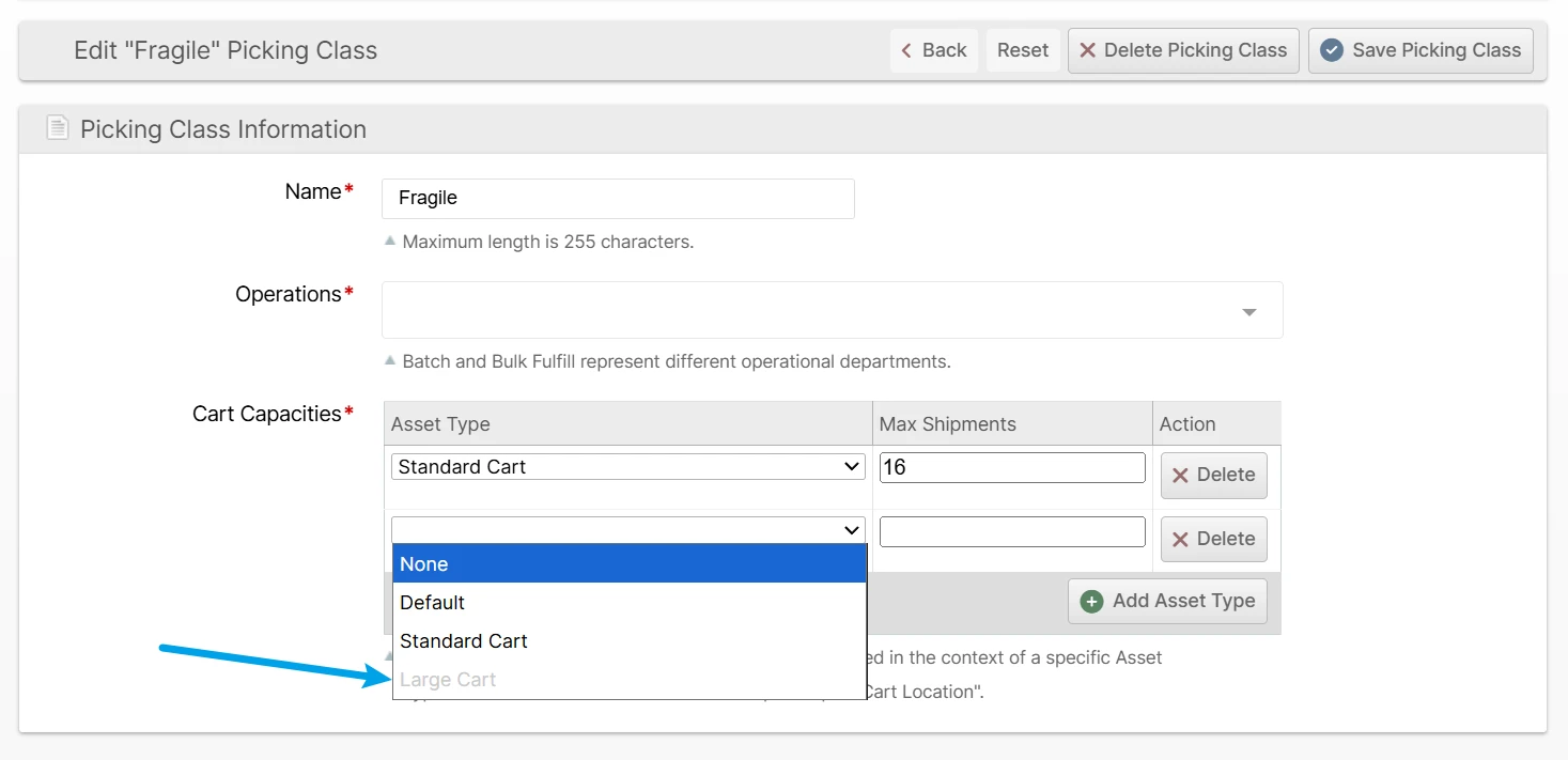Excluded Asset Type shown with its cart capacity disabled on the Picking Class edit page