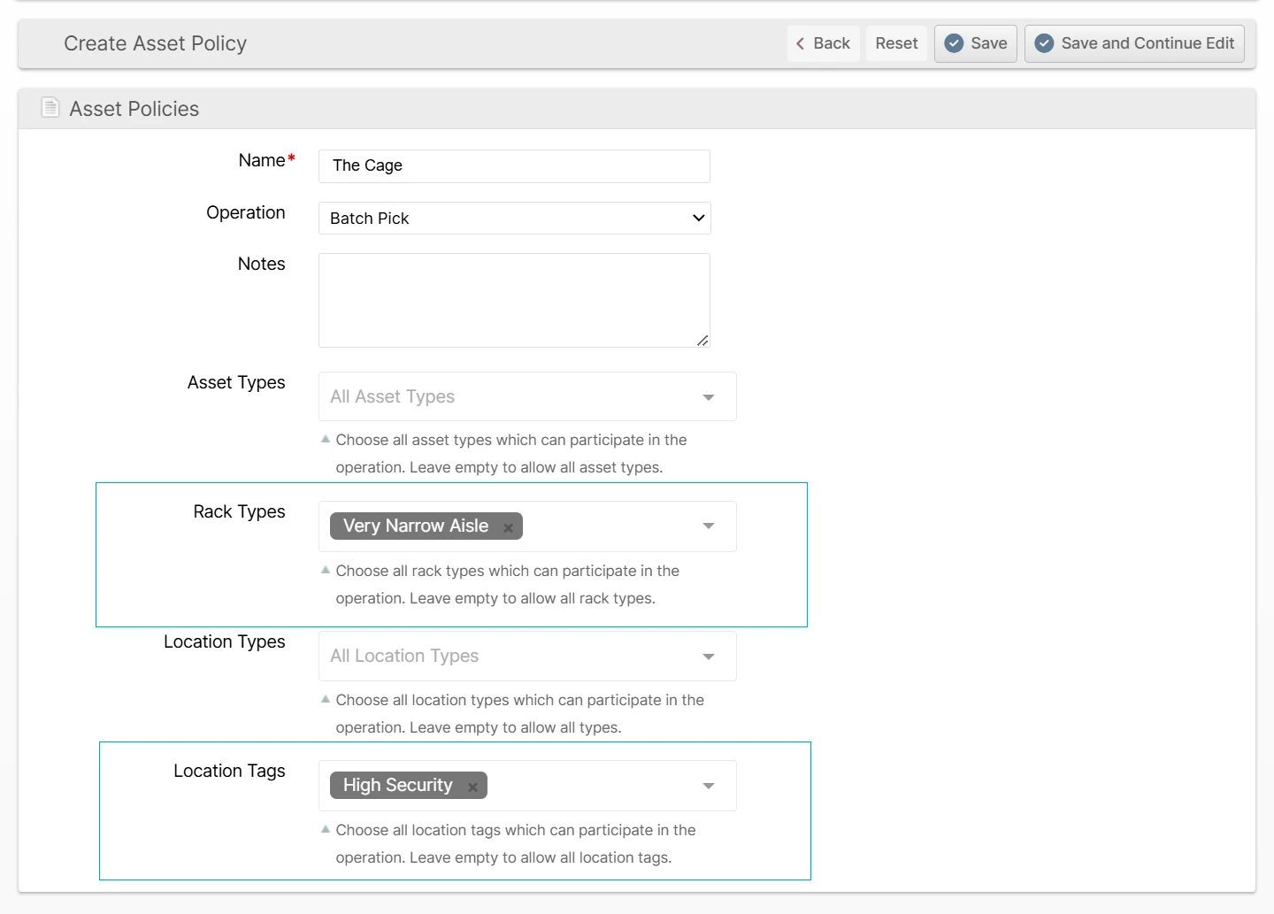 Rack Types and Location Tags on the Asset Policy edit form