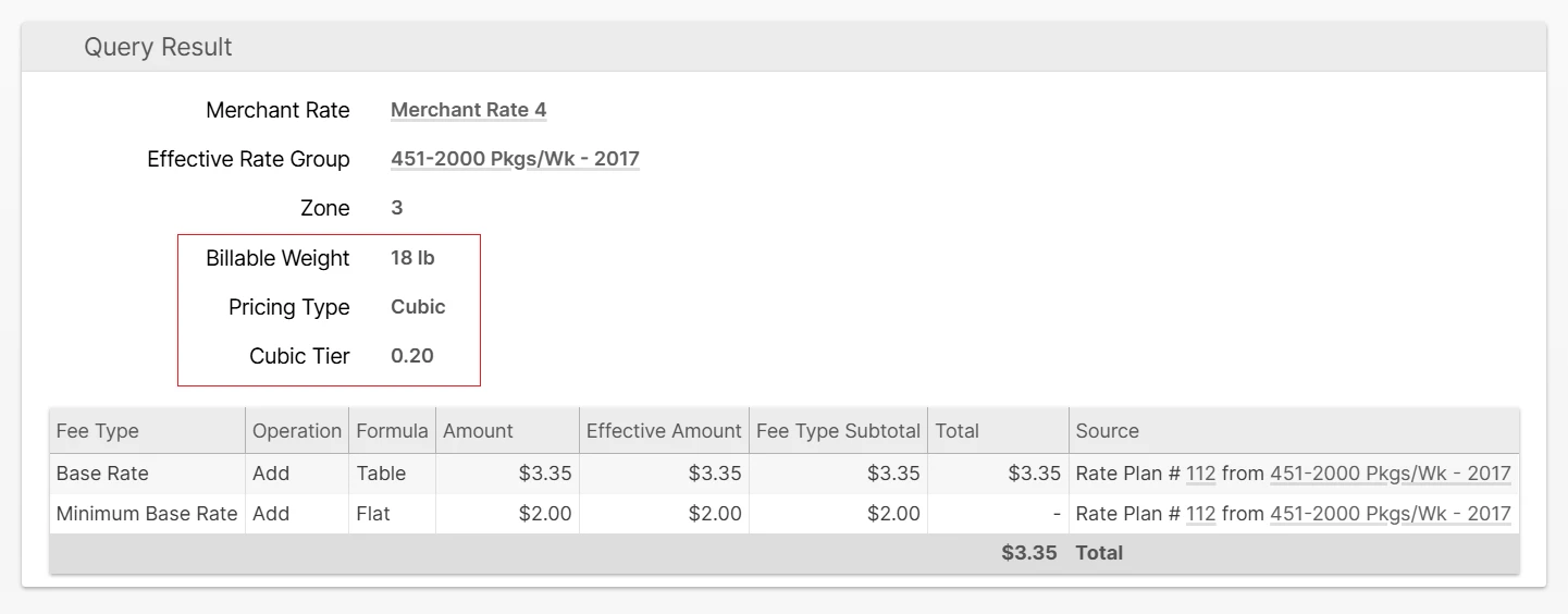 Rate Calculator showing Cubic Pricing details