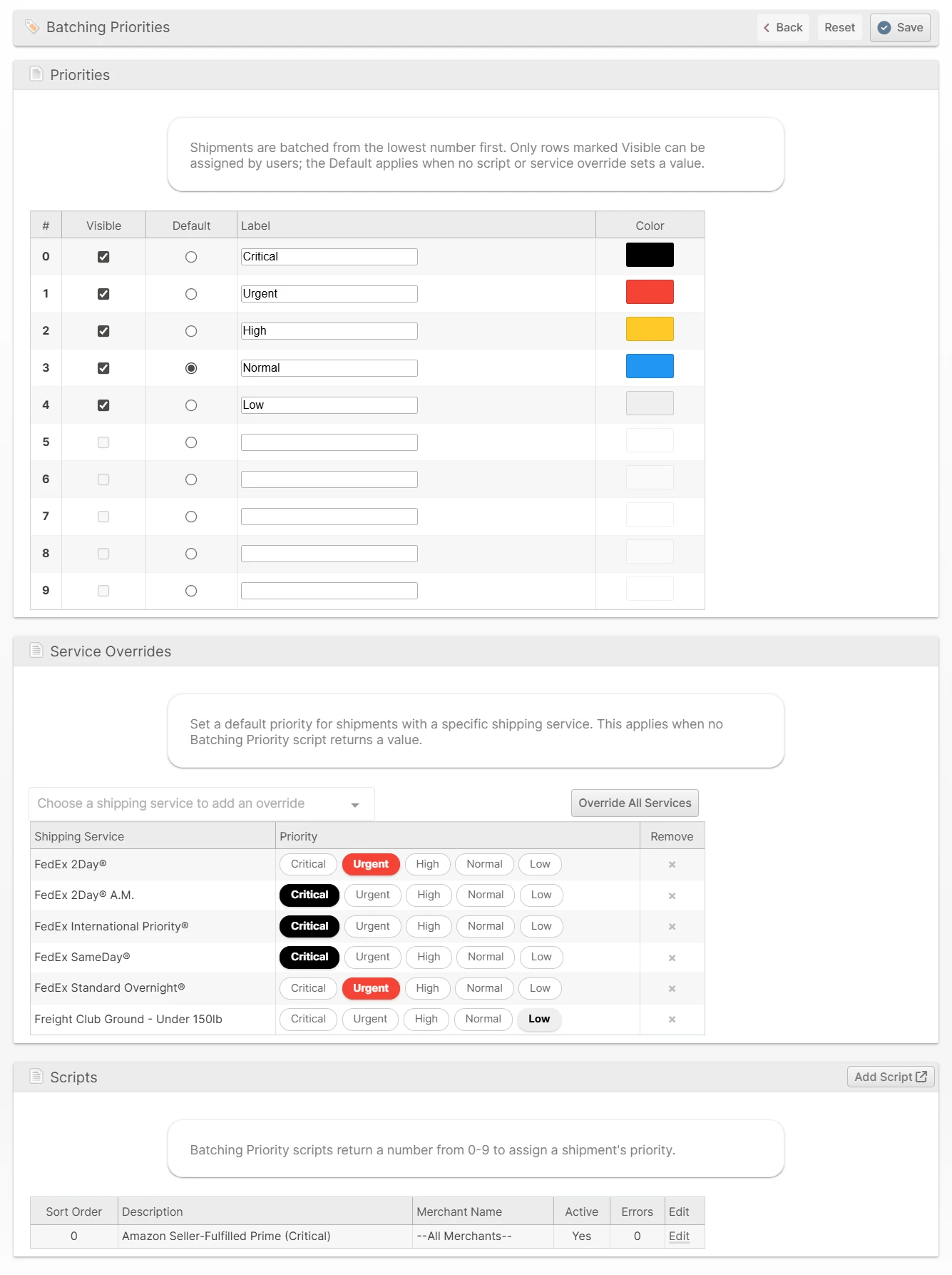 The Batching Priorities configuration page