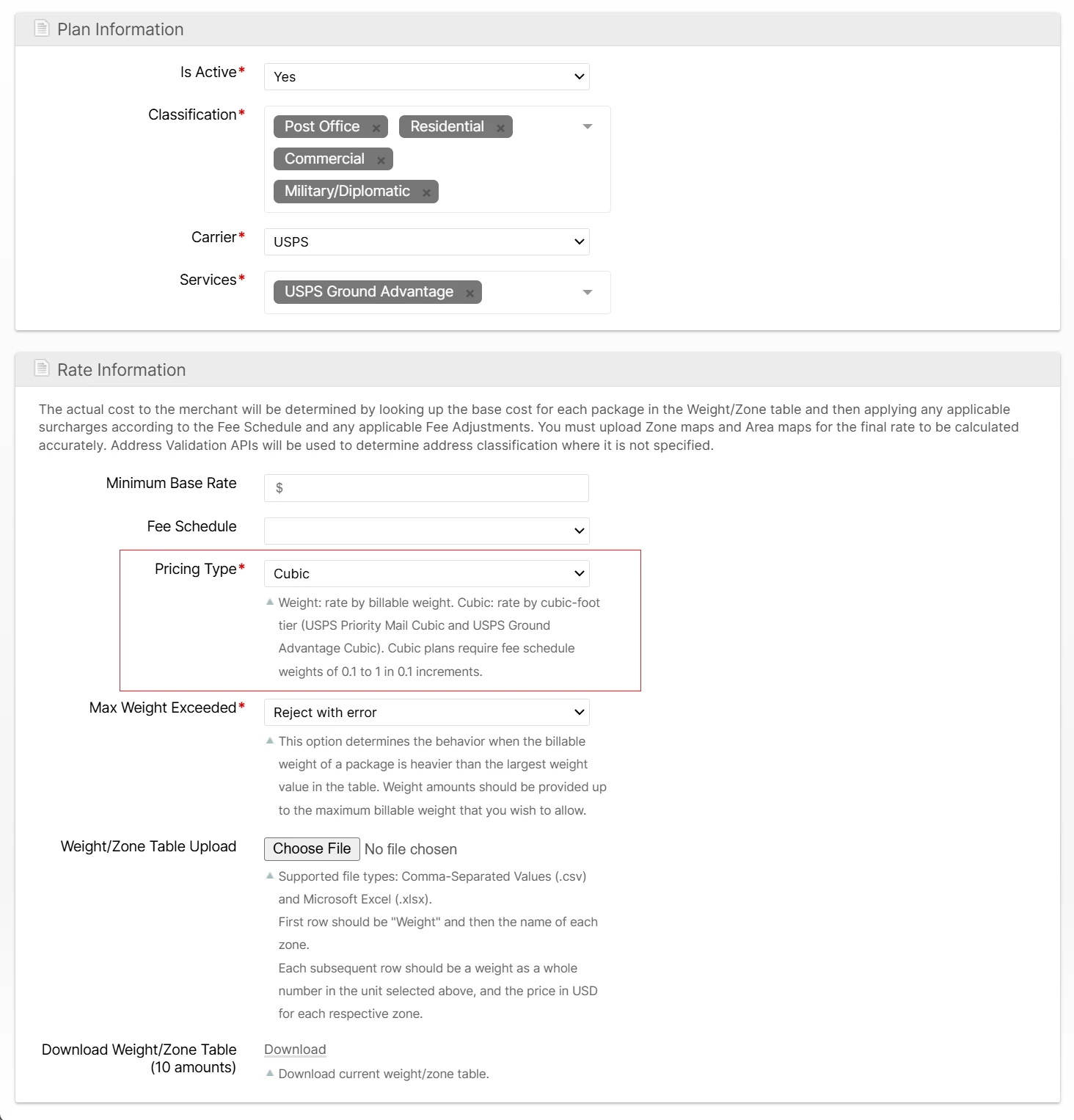 USPS Rate Plan Pricing Type field