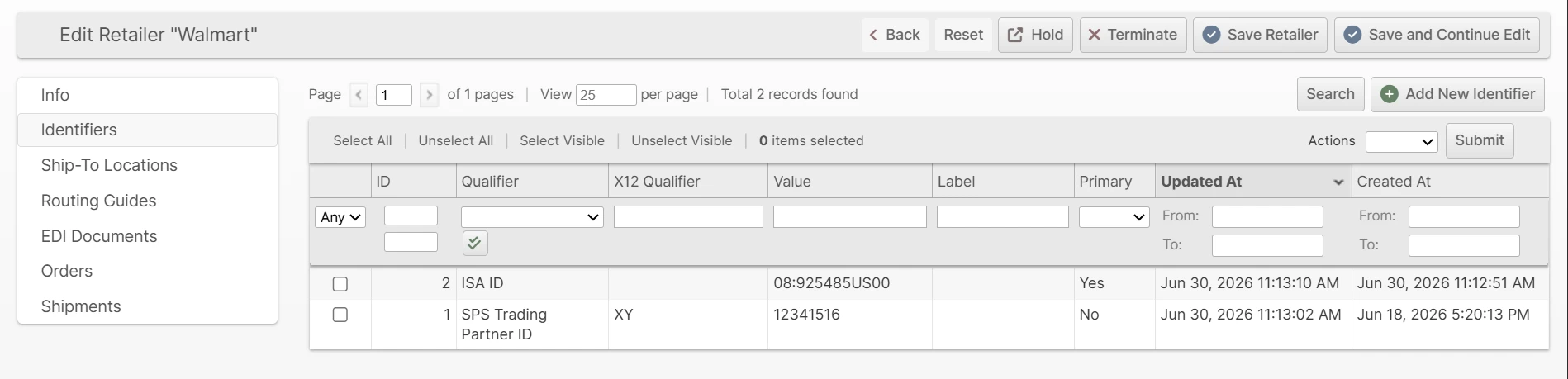 The Identifiers tab listing a Retailer's EDI identifiers