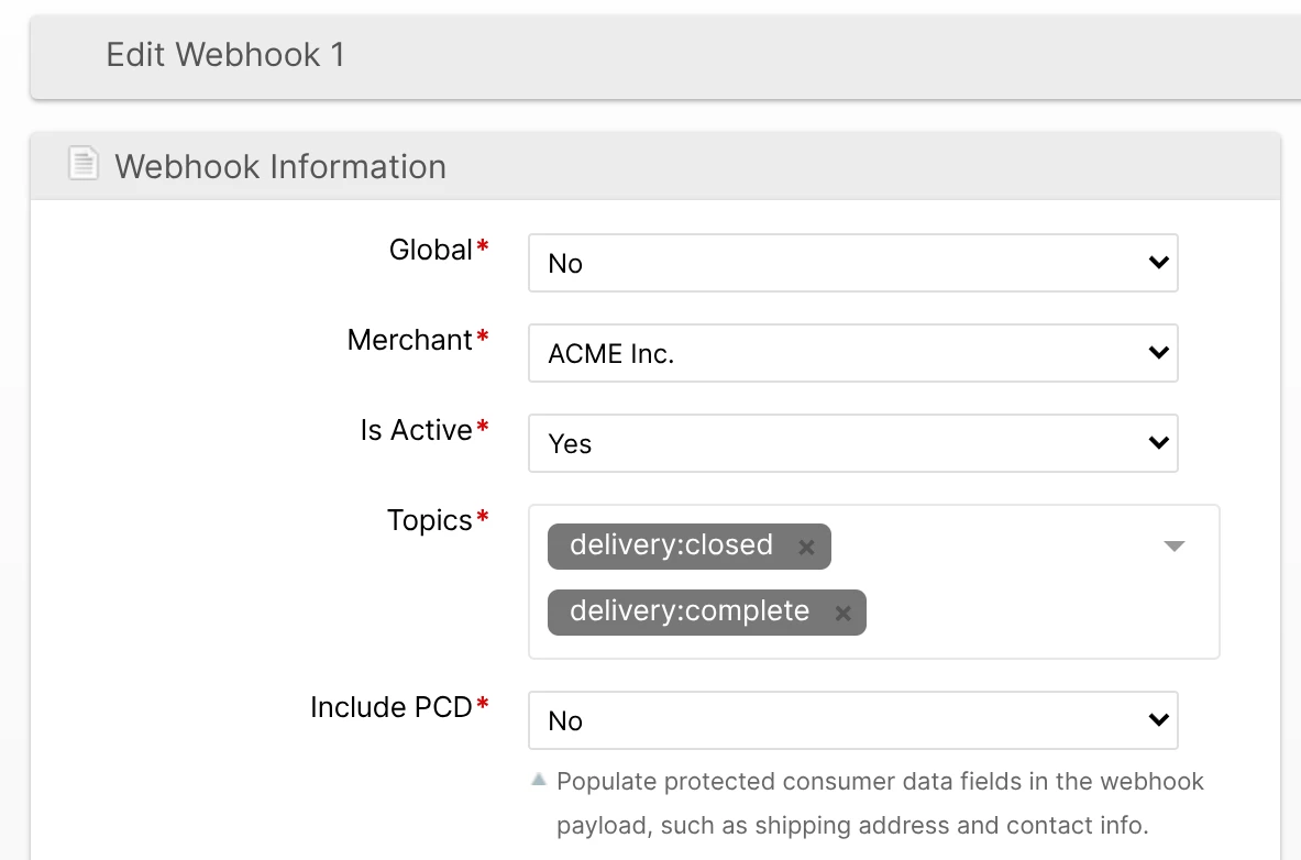 The Include PCD setting on the webhook form