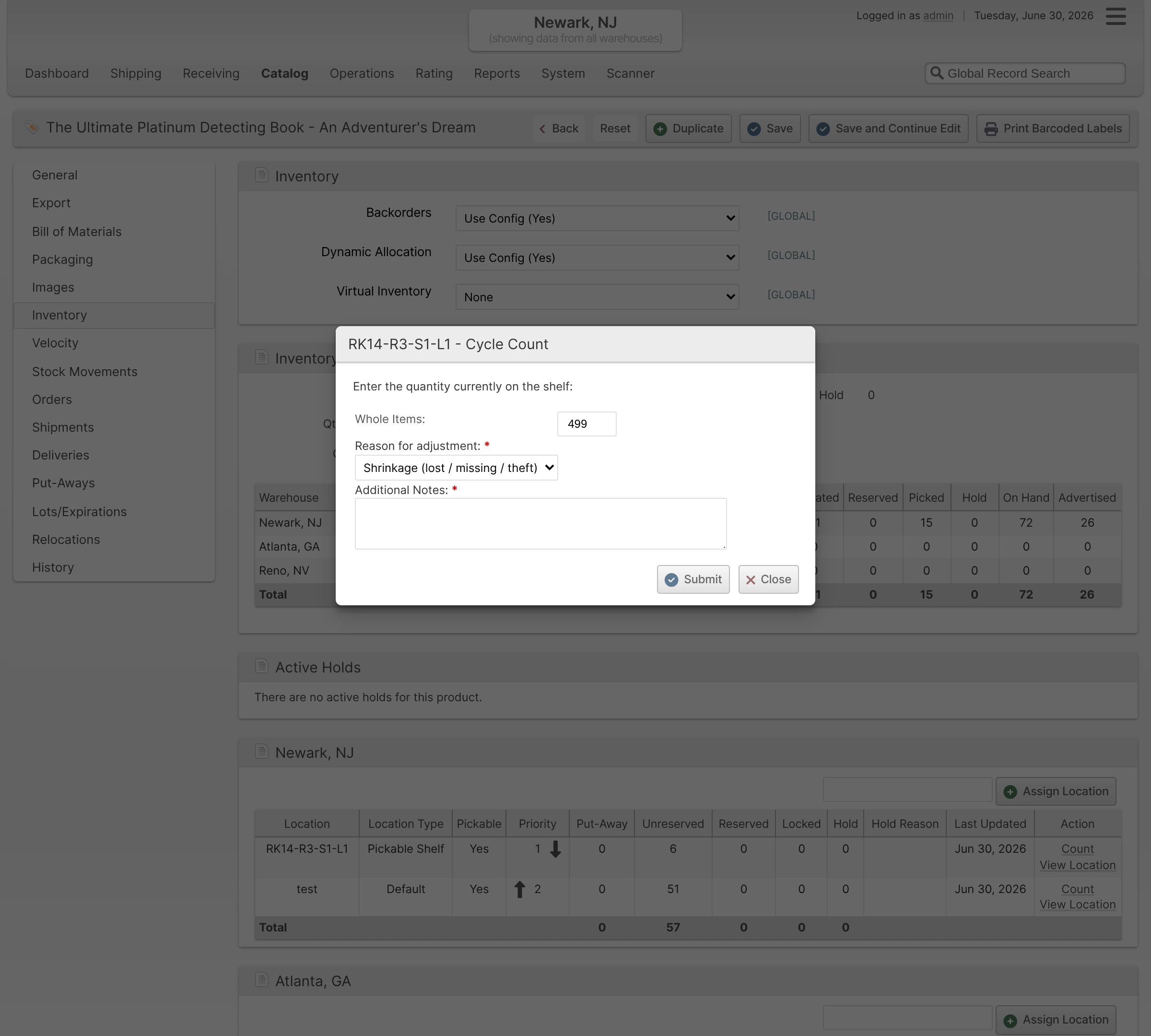 The product Inventory tab's Cycle Count dialog capturing an Adjustment Reason and a required note for a Shrinkage adjustment