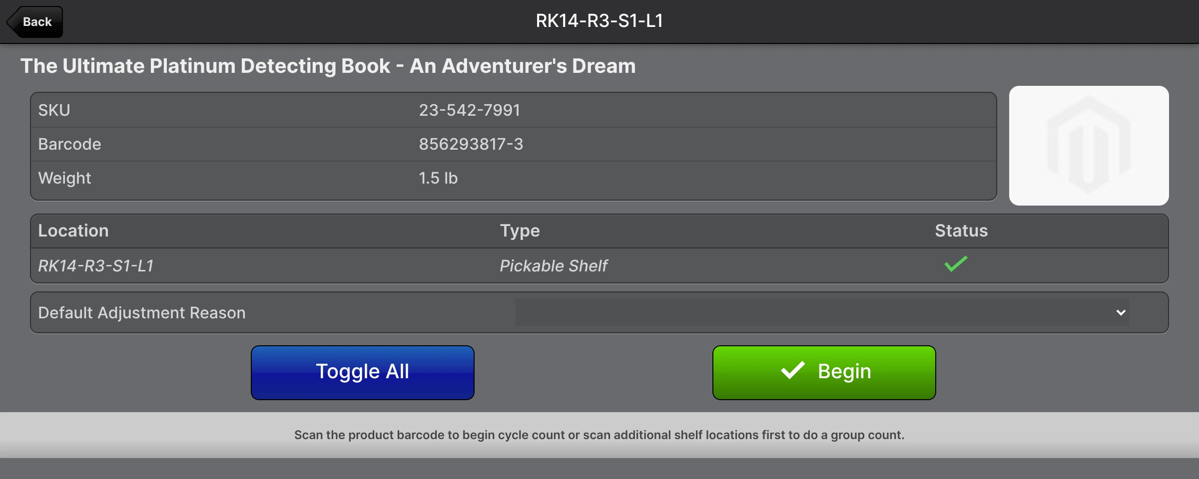 The Scanner cycle-count screen for a location, with a per-session Default Adjustment Reason selector