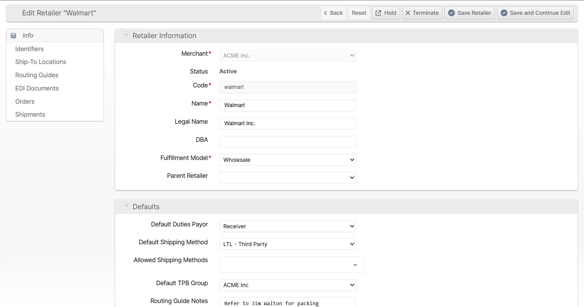 The Retailer edit form Info tab, showing the Retailer Information and Defaults sections