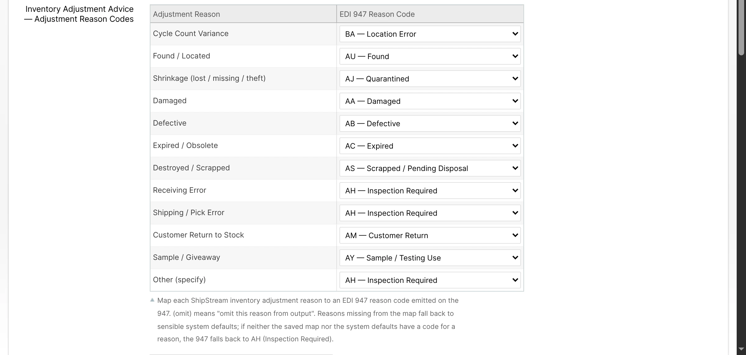 The per-subscription Inventory Adjustment Advice — Adjustment Reason Codes map, translating each structured reason to the EDI 947 reason code a trading partner expects