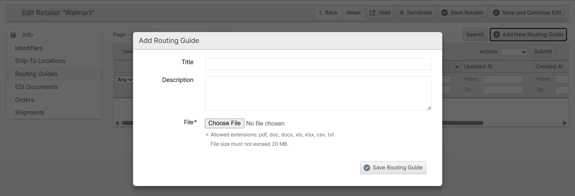 The Add Routing Guide dialog for attaching a Retailer's packing and shipping requirement documents
