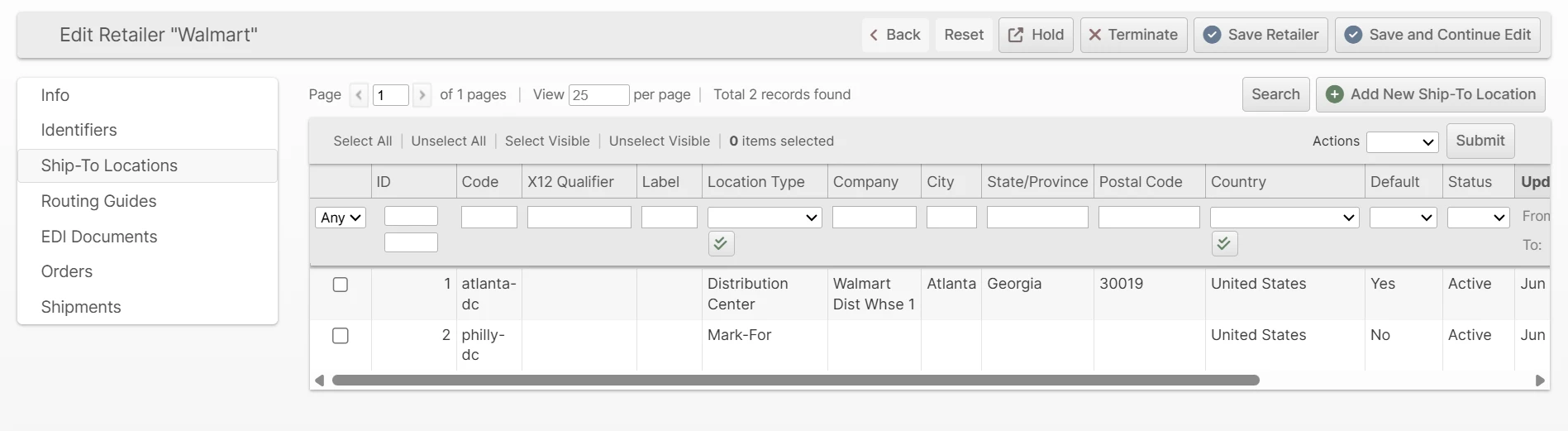 The Ship-To Locations tab listing a Retailer's distribution centers and stores