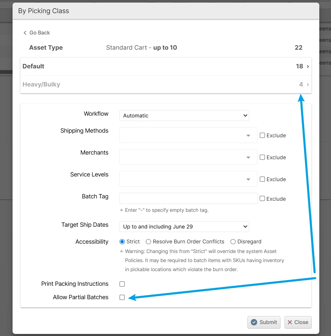 The Start New Picking Batch dialog with Allow Partial Batches unchecked, disabling a Picking Class that can't fill a full batch