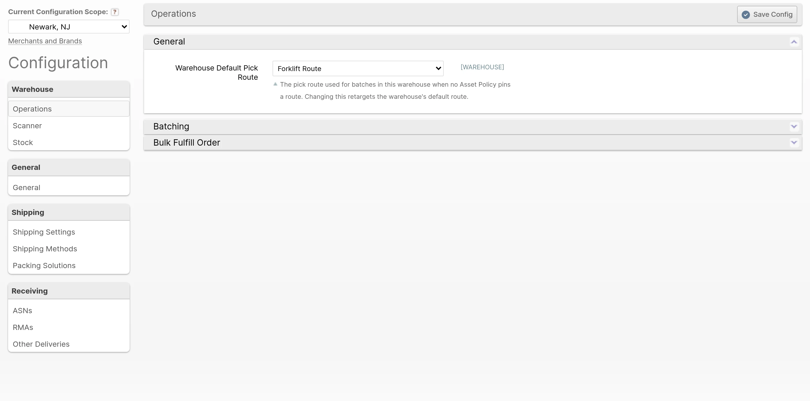 The Warehouse Default Pick Route setting in the Operations General configuration group at warehouse scope