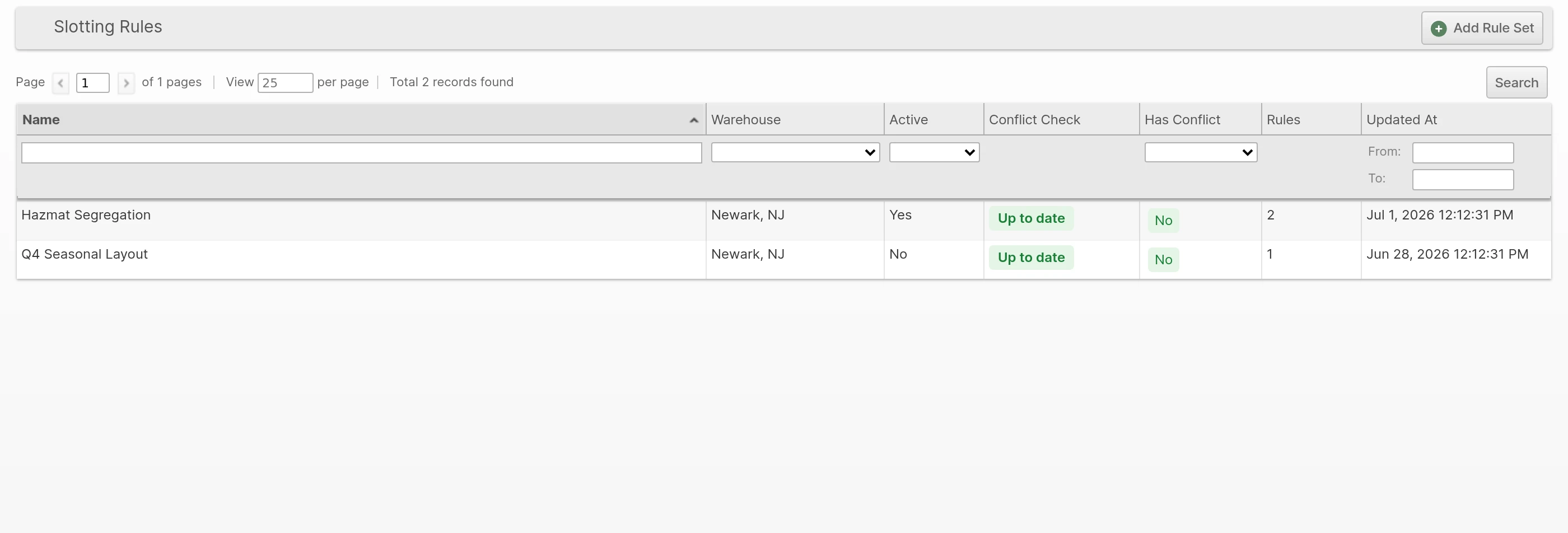 The Slotting Rules grid: rule sets are enabled and disabled as a unit, with conflict checking across the set