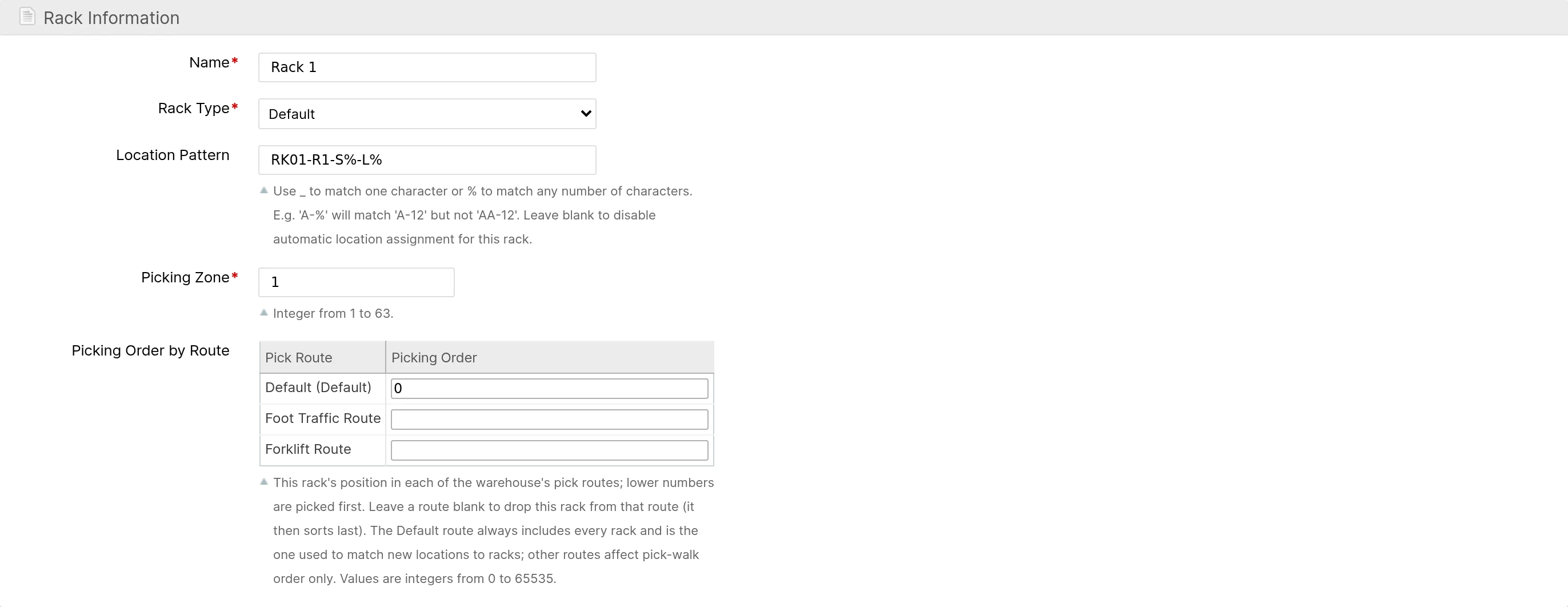 The Rack edit form: the Picking Order by Route table sets this Rack's position in each of its Warehouse's routes
