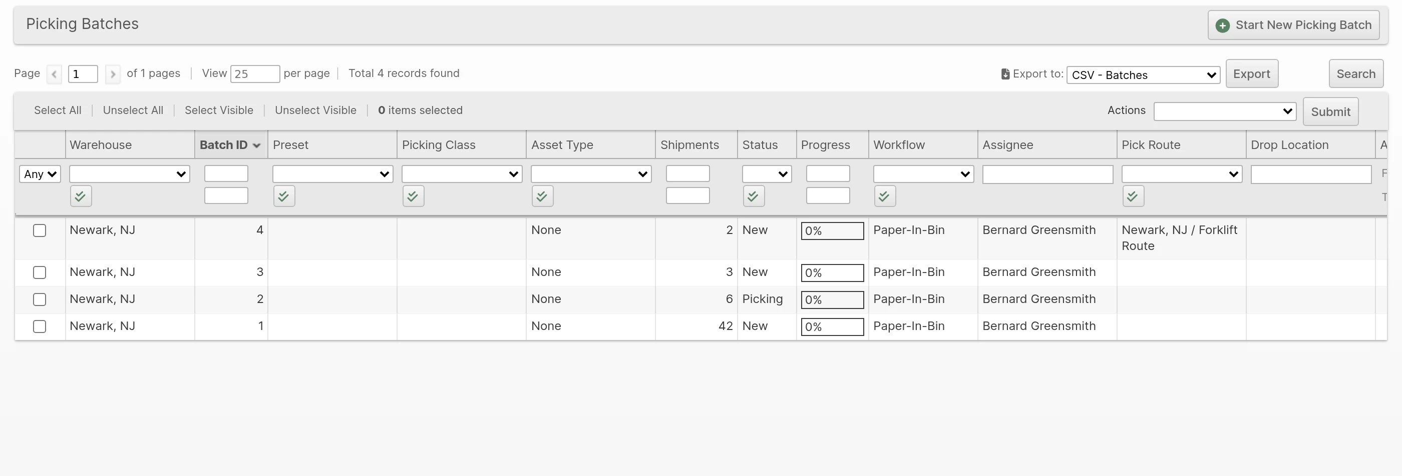 The Picking Batches grid with the filterable, sortable Pick Route column