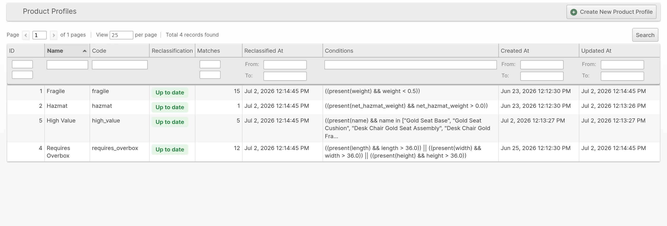 The Product Profiles grid: reusable product flags with live matched-product counts and reclassification status