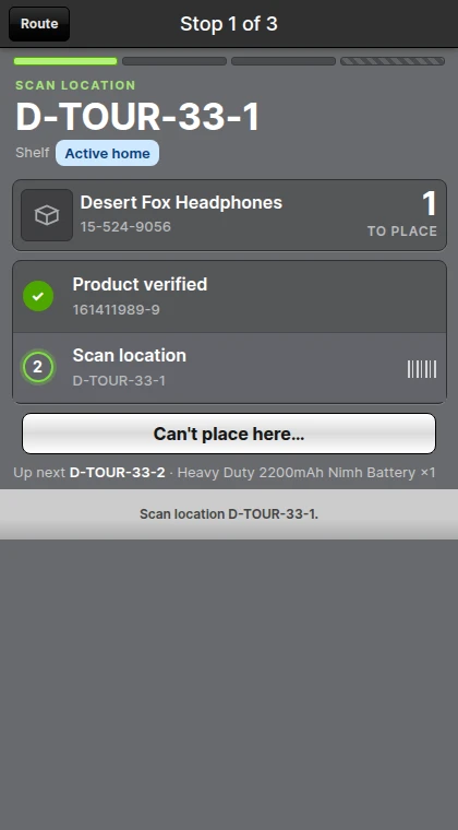 The stop after the Product scan, with the checklist advanced to Scan location