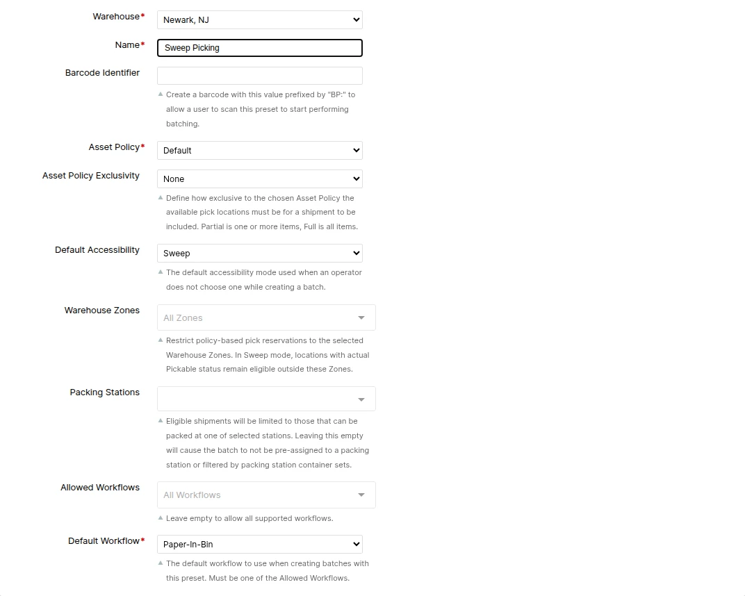 Batching Preset form with Default Accessibility set to Sweep and Asset Policy Exclusivity set to None