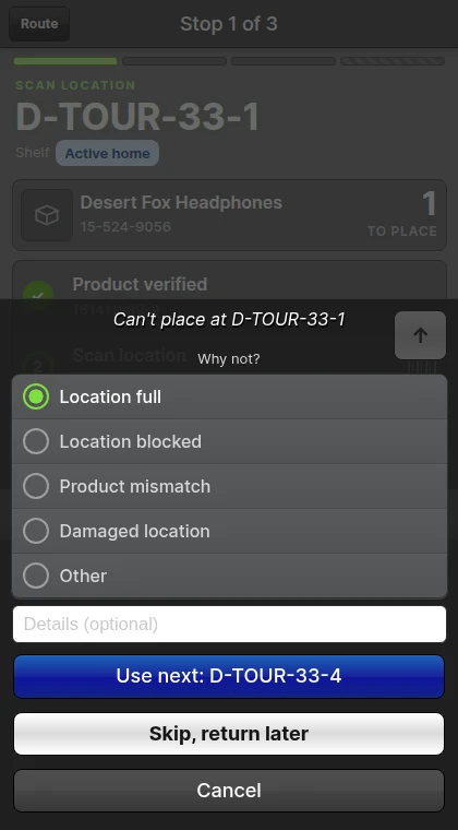 The Can't place here sheet with a reason selected and the next saved destination offered